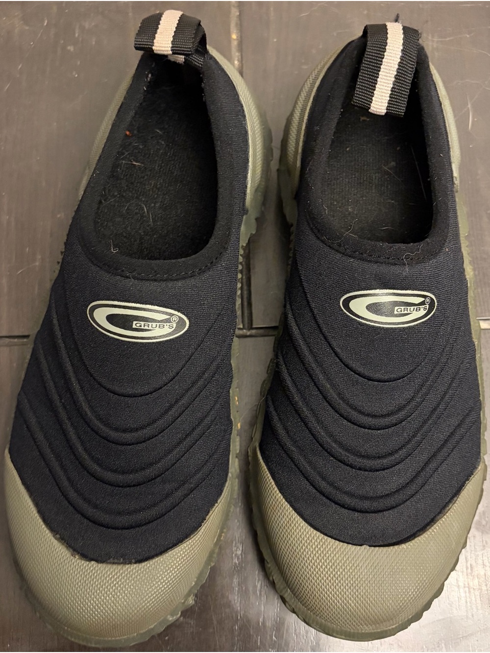 Women’s 7/Men’s 5 Black and Olive Slip-On Water-Resistant Shoe